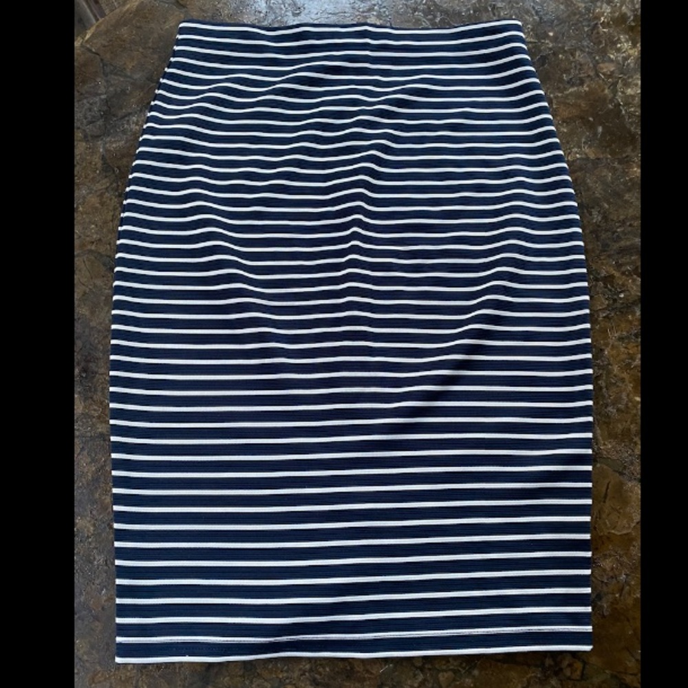 Atmosphere Navy and White Striped Midi Pencil Skirt
